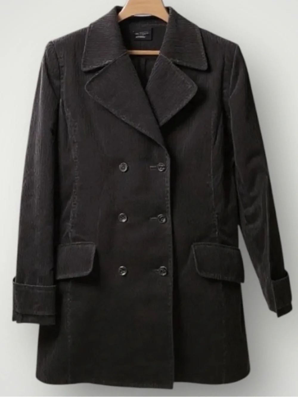 H&M Black Corduroy PeaCoat Double Breasted Longline Tailored Coat Size 12